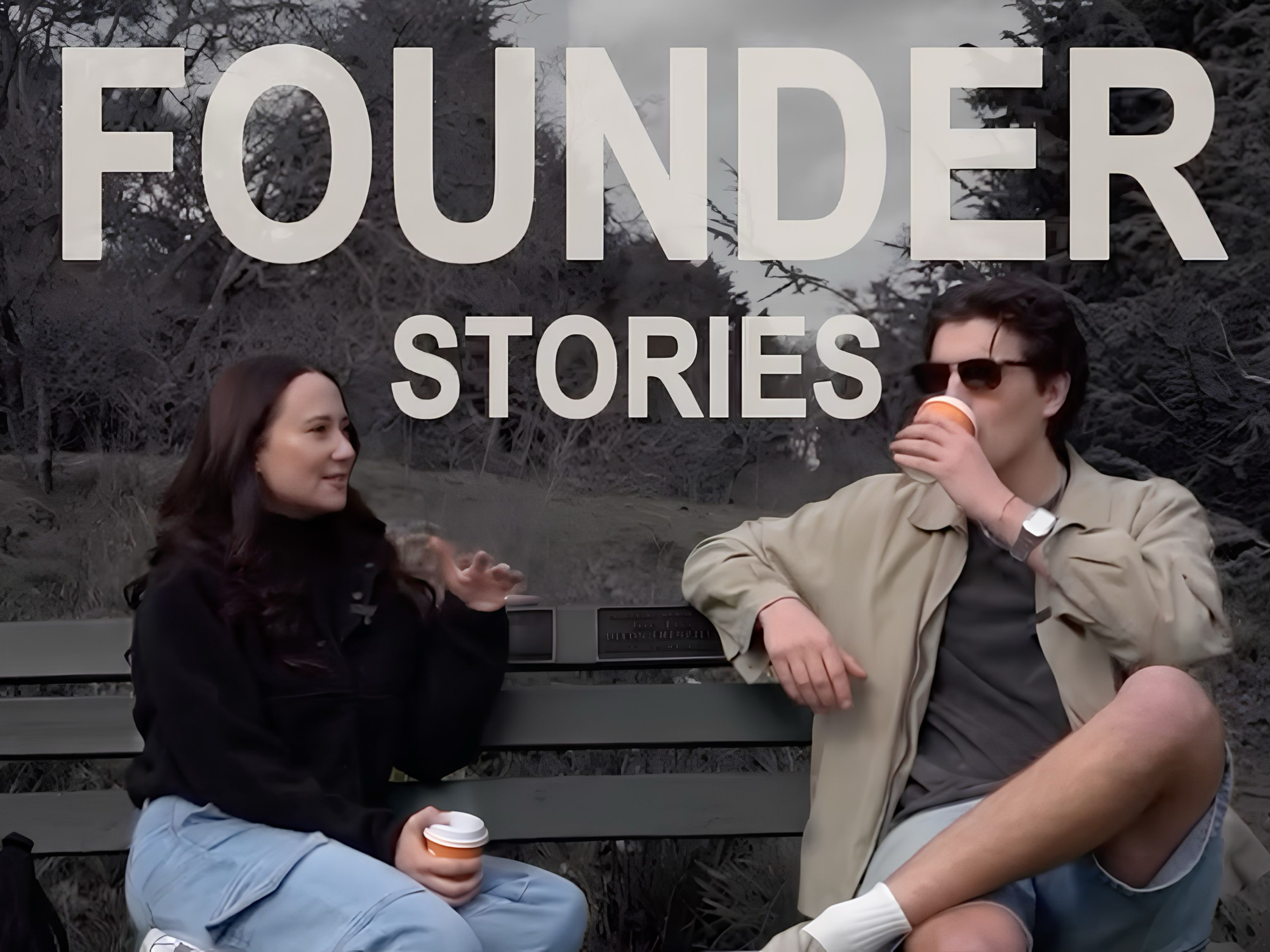 Ania Wysocka talking with the DOWNLOAD host on a park bench, with FOUNDER STORIES text overlaid